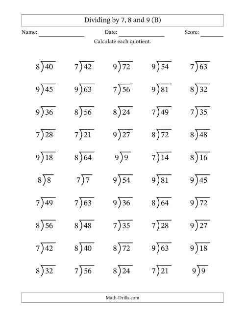 The Division Facts by a Fixed Divisor (7, 8 and 9) and Quotients from 1 to 9 with Long Division Symbol/Bracket (50 questions) (B) Math Worksheet