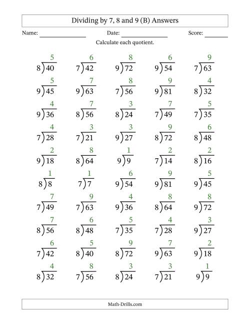 The Division Facts by a Fixed Divisor (7, 8 and 9) and Quotients from 1 to 9 with Long Division Symbol/Bracket (50 questions) (B) Math Worksheet Page 2