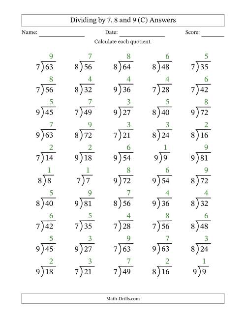 The Division Facts by a Fixed Divisor (7, 8 and 9) and Quotients from 1 to 9 with Long Division Symbol/Bracket (50 questions) (C) Math Worksheet Page 2