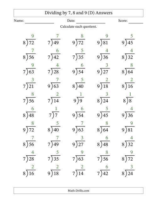 The Division Facts by a Fixed Divisor (7, 8 and 9) and Quotients from 1 to 9 with Long Division Symbol/Bracket (50 questions) (D) Math Worksheet Page 2