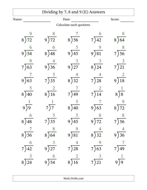 The Division Facts by a Fixed Divisor (7, 8 and 9) and Quotients from 1 to 9 with Long Division Symbol/Bracket (50 questions) (E) Math Worksheet Page 2