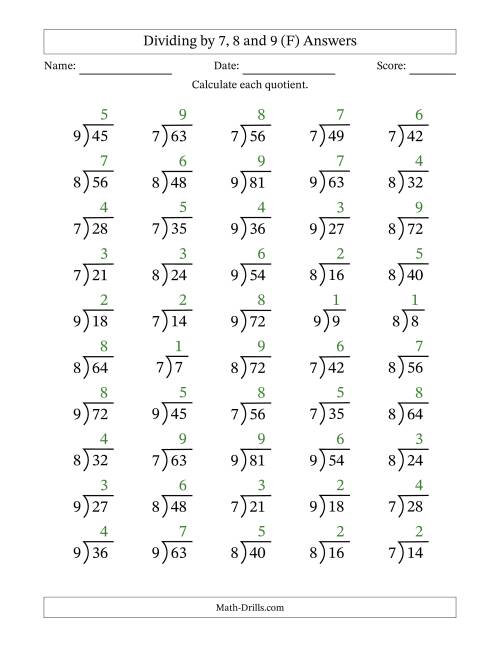 The Division Facts by a Fixed Divisor (7, 8 and 9) and Quotients from 1 to 9 with Long Division Symbol/Bracket (50 questions) (F) Math Worksheet Page 2