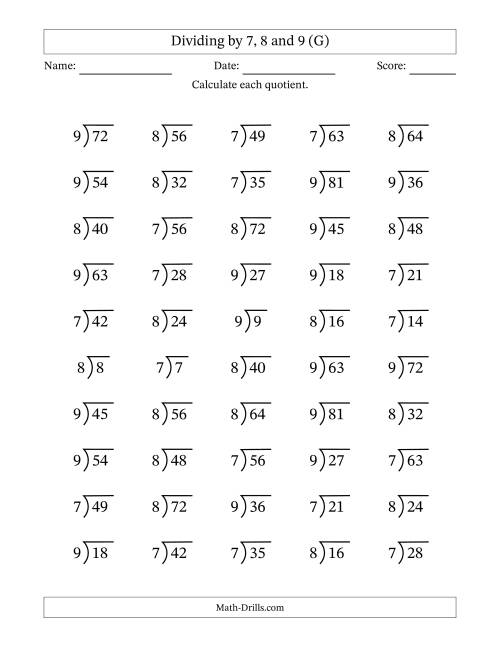 The Division Facts by a Fixed Divisor (7, 8 and 9) and Quotients from 1 to 9 with Long Division Symbol/Bracket (50 questions) (G) Math Worksheet