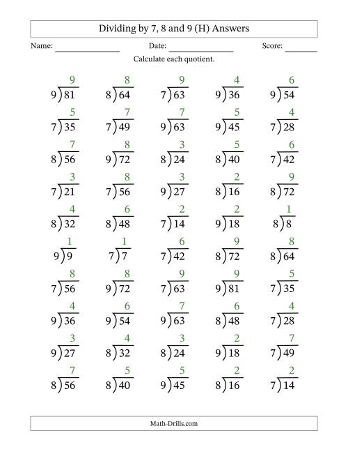 The Division Facts by a Fixed Divisor (7, 8 and 9) and Quotients from 1 to 9 with Long Division Symbol/Bracket (50 questions) (H) Math Worksheet Page 2