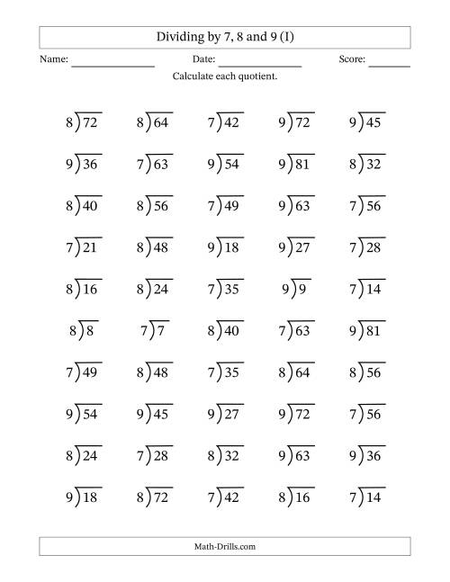 The Division Facts by a Fixed Divisor (7, 8 and 9) and Quotients from 1 to 9 with Long Division Symbol/Bracket (50 questions) (I) Math Worksheet