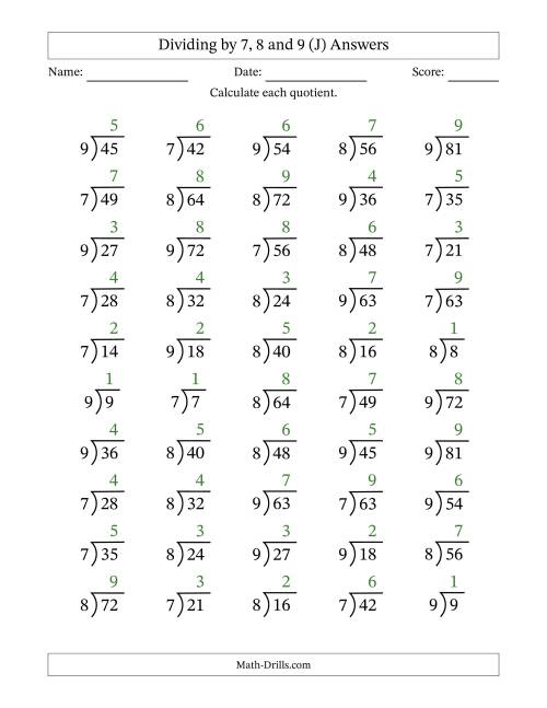 The Division Facts by a Fixed Divisor (7, 8 and 9) and Quotients from 1 to 9 with Long Division Symbol/Bracket (50 questions) (J) Math Worksheet Page 2