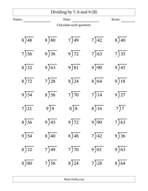 The Division Facts by a Fixed Divisor (7, 8 and 9) and Quotients from 1 to 10 with Long Division Symbol/Bracket (50 questions) (B) Math Worksheet