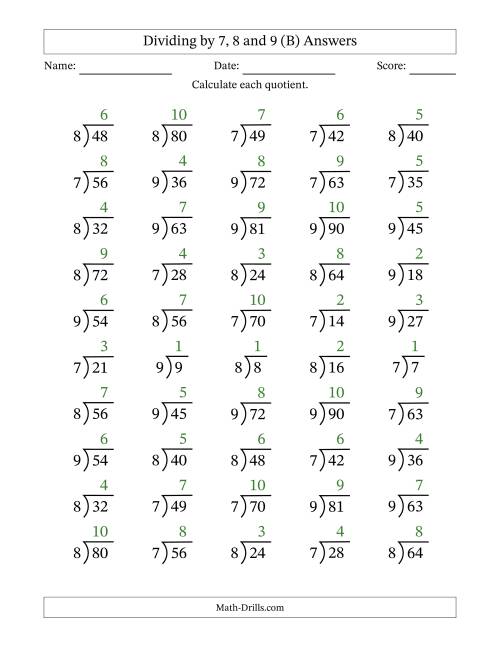 The Division Facts by a Fixed Divisor (7, 8 and 9) and Quotients from 1 to 10 with Long Division Symbol/Bracket (50 questions) (B) Math Worksheet Page 2