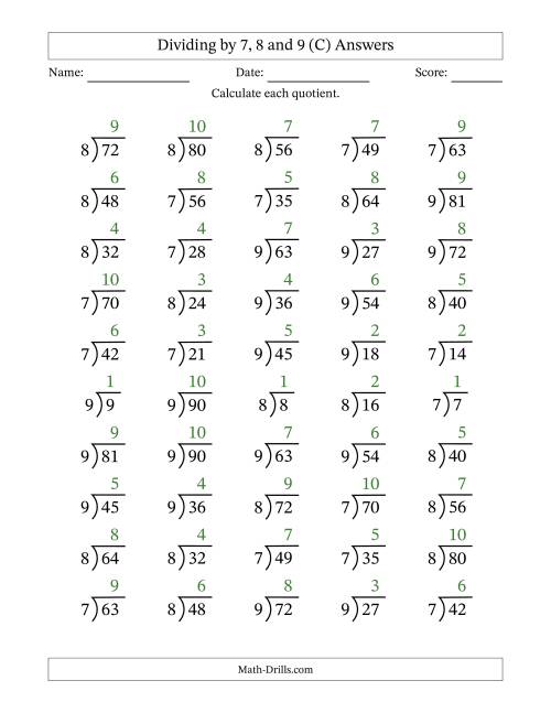 The Division Facts by a Fixed Divisor (7, 8 and 9) and Quotients from 1 to 10 with Long Division Symbol/Bracket (50 questions) (C) Math Worksheet Page 2