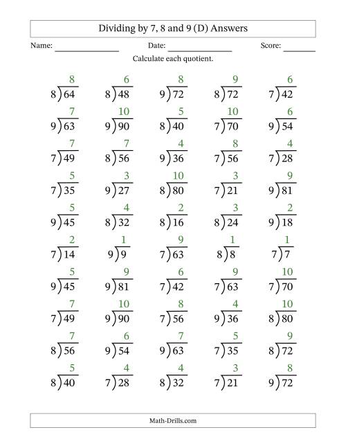 The Division Facts by a Fixed Divisor (7, 8 and 9) and Quotients from 1 to 10 with Long Division Symbol/Bracket (50 questions) (D) Math Worksheet Page 2