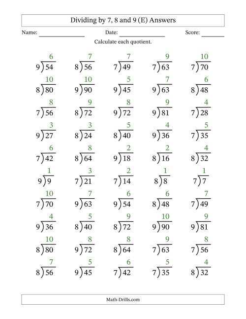 The Division Facts by a Fixed Divisor (7, 8 and 9) and Quotients from 1 to 10 with Long Division Symbol/Bracket (50 questions) (E) Math Worksheet Page 2