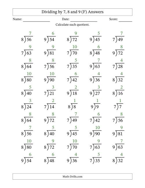 The Division Facts by a Fixed Divisor (7, 8 and 9) and Quotients from 1 to 10 with Long Division Symbol/Bracket (50 questions) (F) Math Worksheet Page 2