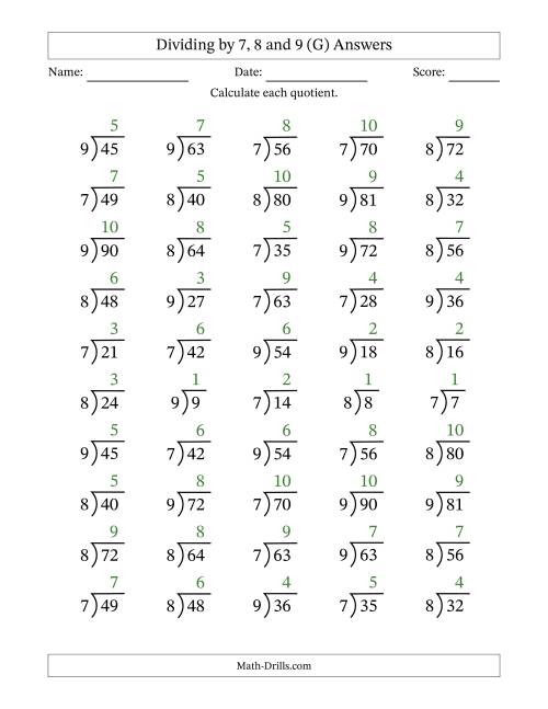 The Division Facts by a Fixed Divisor (7, 8 and 9) and Quotients from 1 to 10 with Long Division Symbol/Bracket (50 questions) (G) Math Worksheet Page 2