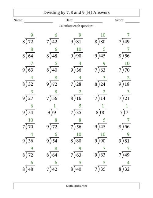 The Division Facts by a Fixed Divisor (7, 8 and 9) and Quotients from 1 to 10 with Long Division Symbol/Bracket (50 questions) (H) Math Worksheet Page 2