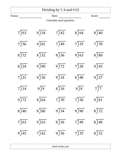 The Division Facts by a Fixed Divisor (7, 8 and 9) and Quotients from 1 to 10 with Long Division Symbol/Bracket (50 questions) (I) Math Worksheet