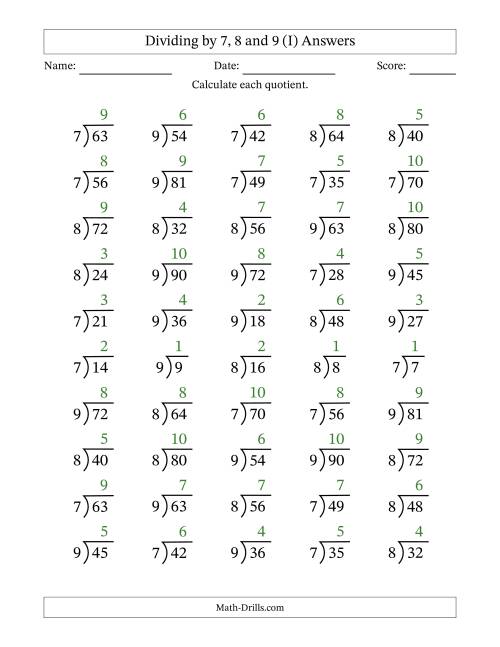 The Division Facts by a Fixed Divisor (7, 8 and 9) and Quotients from 1 to 10 with Long Division Symbol/Bracket (50 questions) (I) Math Worksheet Page 2