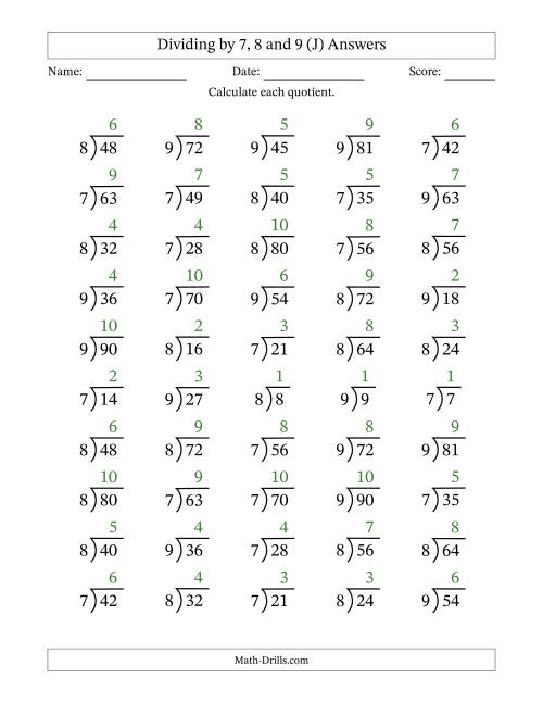 The Division Facts by a Fixed Divisor (7, 8 and 9) and Quotients from 1 to 10 with Long Division Symbol/Bracket (50 questions) (J) Math Worksheet Page 2
