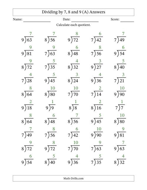 The Division Facts by a Fixed Divisor (7, 8 and 9) and Quotients from 1 to 10 with Long Division Symbol/Bracket (50 questions) (All) Math Worksheet Page 2