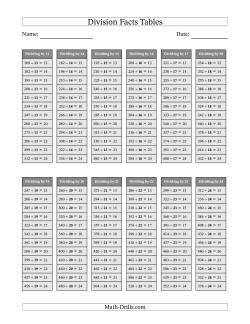 Division Facts Tables in Gray 13 to 24