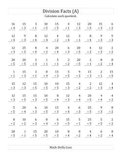 Vertically arranged division facts to 25