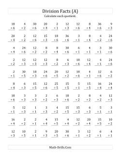 Vertically arranged division facts to 36