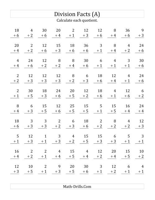 The Vertically arranged division facts to 36 (A) Math Worksheet