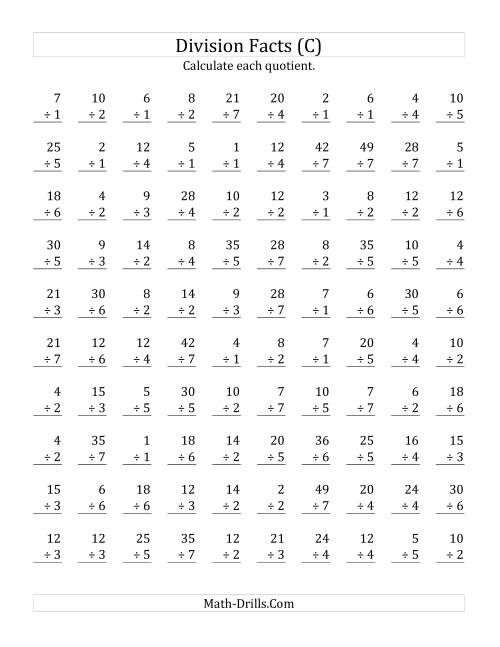 The Vertically arranged division facts to 49 (C) Math Worksheet