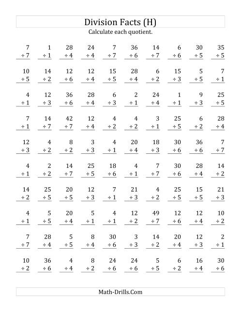 The Vertically arranged division facts to 49 (H) Math Worksheet