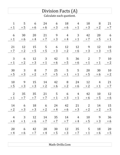 The Vertically arranged division facts to 49 (All) Math Worksheet