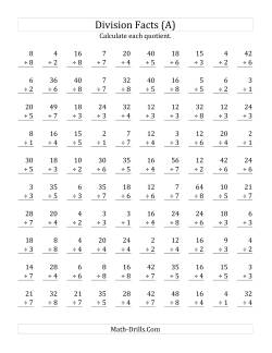 Vertically arranged division facts to 64