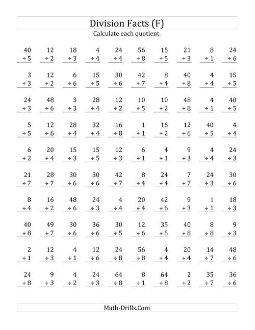 The Vertically arranged division facts to 64 (F) Math Worksheet