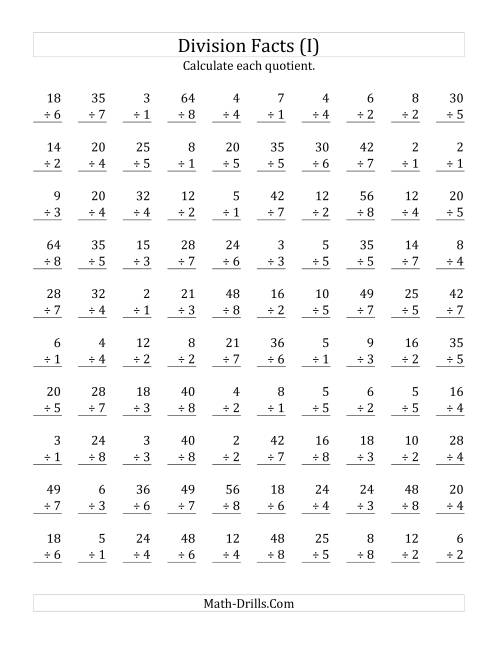 The Vertically arranged division facts to 64 (I) Math Worksheet
