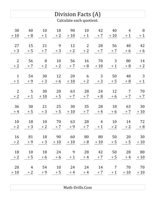 Vertically Arranged Division Facts To 100 (A)