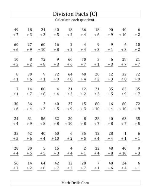 The Vertically arranged division facts to 100 (C) Math Worksheet