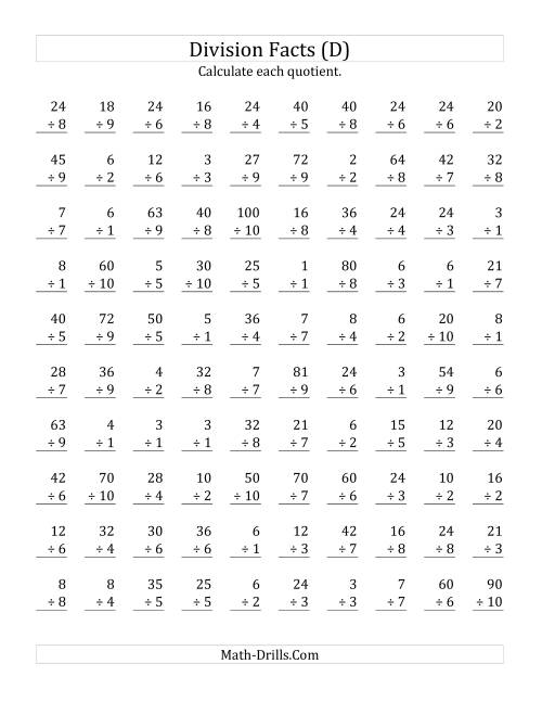 The Vertically arranged division facts to 100 (D) Math Worksheet