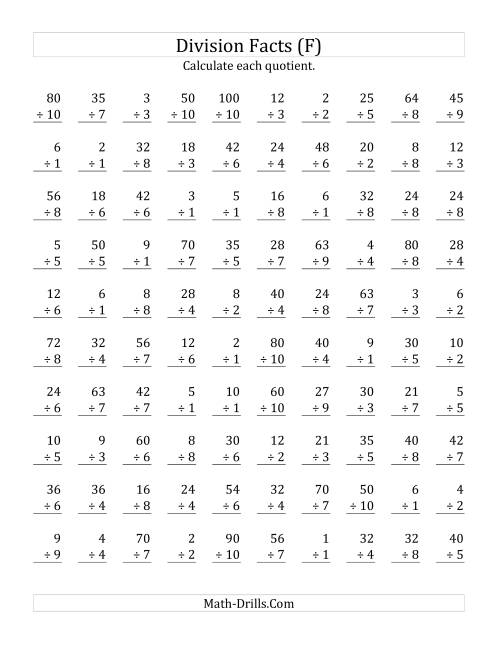 The Vertically arranged division facts to 100 (F) Math Worksheet