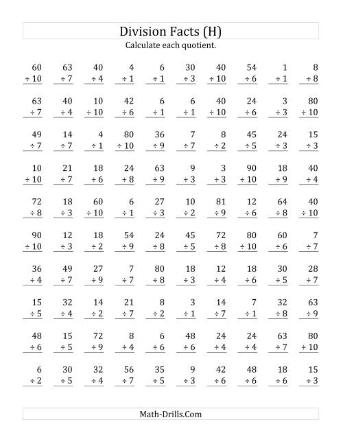 The Vertically arranged division facts to 100 (H) Math Worksheet