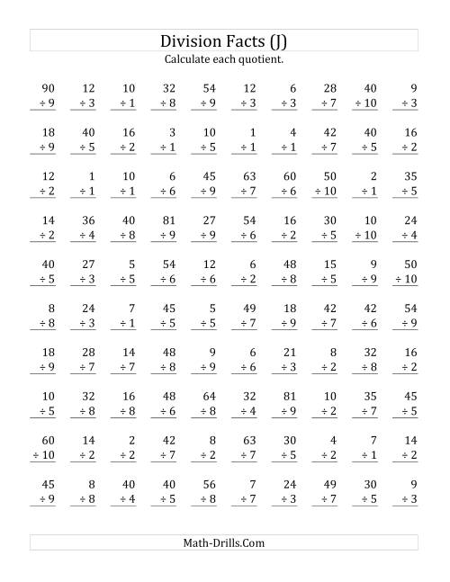 The Vertically arranged division facts to 100 (J) Math Worksheet