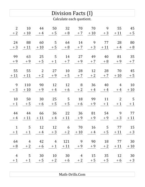 The Vertically arranged division facts to 121 (I) Math Worksheet