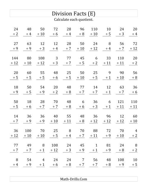 The Vertically arranged division facts to 144 (E) Math Worksheet