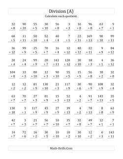 Vertically arranged division facts to 169