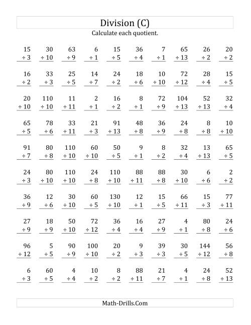 The Vertically arranged division facts to 169 (C) Math Worksheet