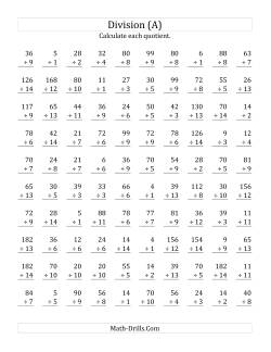 Vertically arranged division facts to 196