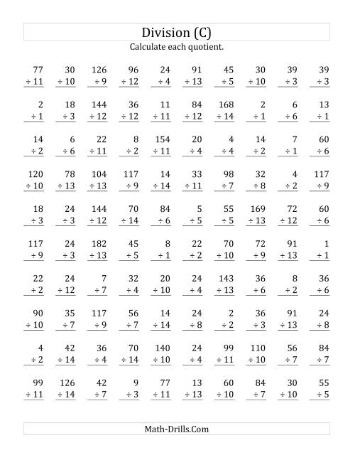 The Vertically arranged division facts to 196 (C) Math Worksheet