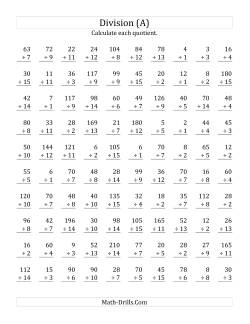 Vertically arranged division facts to 225