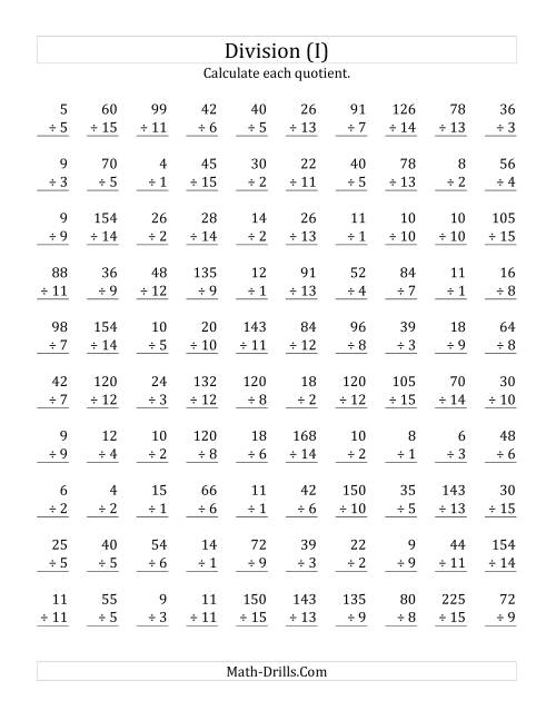 The Vertically arranged division facts to 225 (I) Math Worksheet