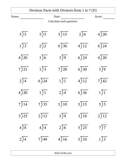 Division Facts with Divisors and Quotients from 1 to 7 with Long ...