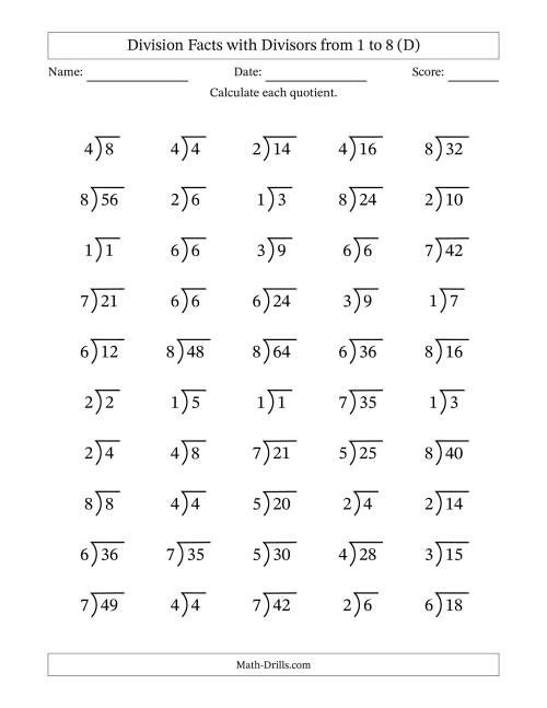 The Division Facts with Divisors and Quotients from 1 to 8 with Long Division Symbol/Bracket (D) Math Worksheet