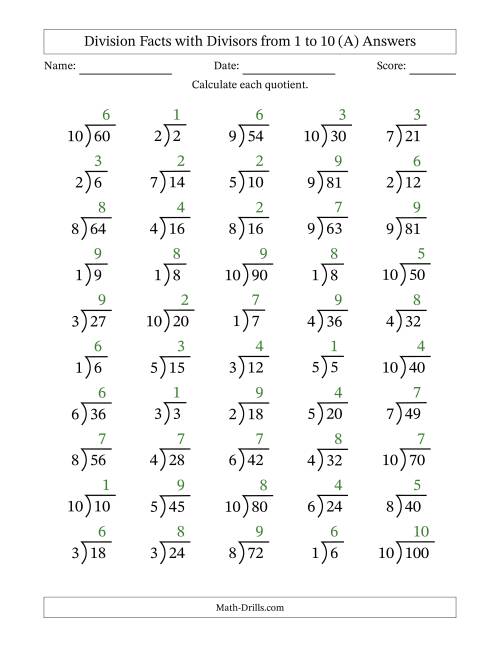 Division Facts with Divisors and Quotients from 1 to 10 with Long