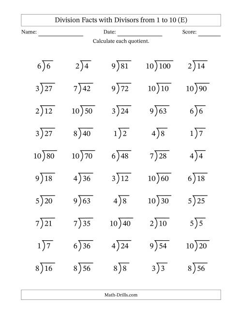 Division Facts with Divisors and Quotients from 1 to 10 with Long ...